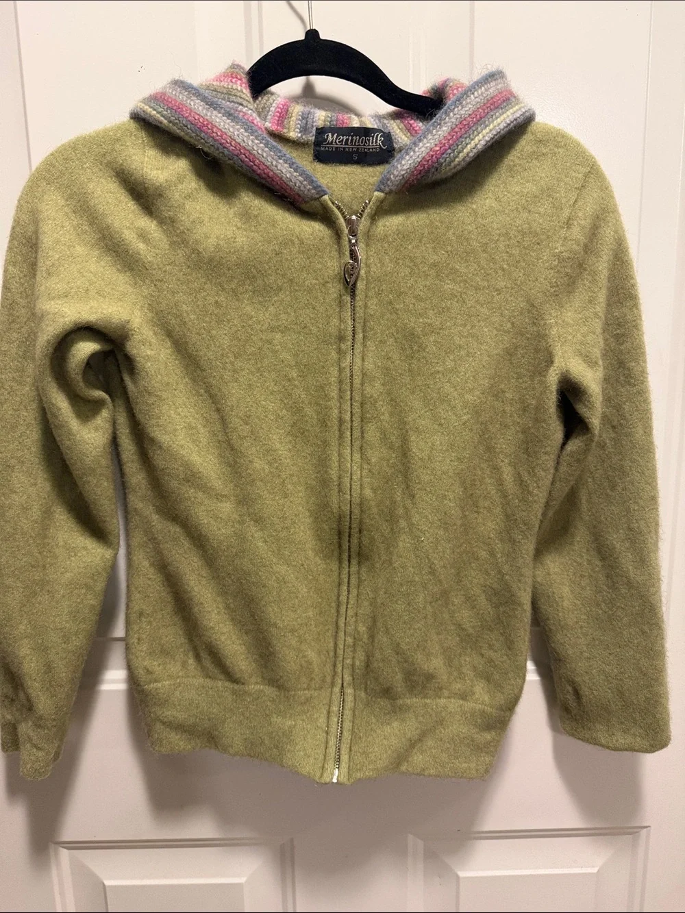Kids' Light Green Zip Front Hoodie with Striped Hood Trim